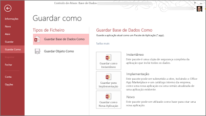 Opções Guardar Como Base de Dados no ecrã Guardar Como