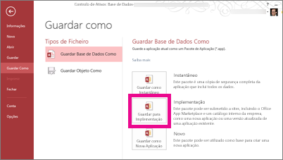 A opção Guardar Para Implementação na página Guardar Como