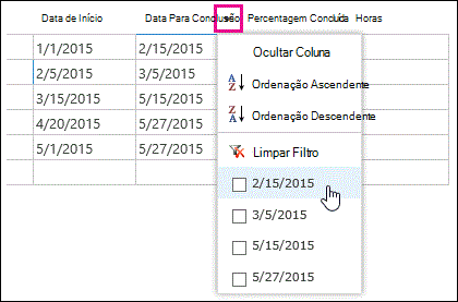 Aplicar um filtro no campo Data para Conclusão de uma folha de dados.