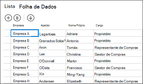Vista de Folha de Dados a apresentar os registos de clientes