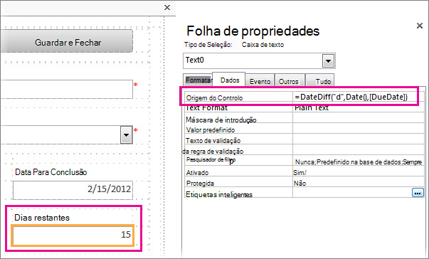 Introduzir a função DifData na propriedade Origem do Controlo de uma caixa de texto.