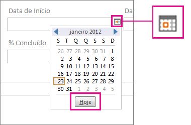 Selecionador de Data com o botão Hoje realçado.