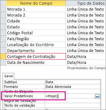 Definir o valor predefinido de um campo de Data/Hora numa tabela do Access.
