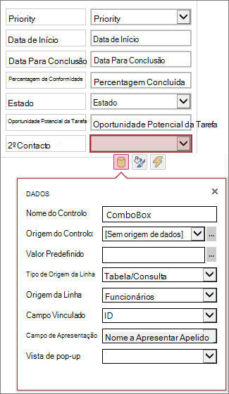 Mais propriedades para controlos de lista de combinação