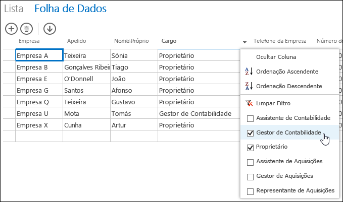 Filter options for Job Title column in datasheet