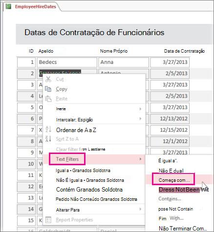 Aplicar um filtro a um relatório ao clicar com o botão direito do rato num valor na vista de Relatório.