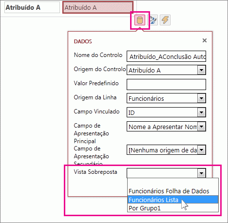 Selecionar uma vista sobreposta para um controlo de Conclusão Automática.