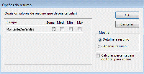 Opções de resumo no assistente de relatórios