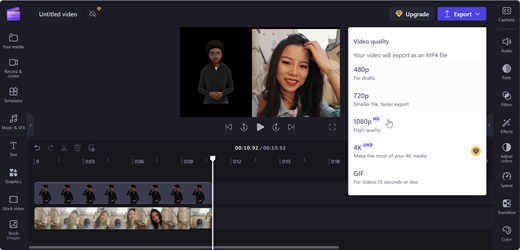 Uma captura de ecrã de uma página de editores de Clipchamp a mostrar 1080p como a qualidade de resolução de vídeo recomendada para guardar o vídeo.