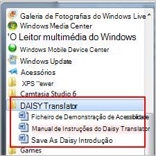O menu Iniciar apresenta ficheiros Daisy após a instalação