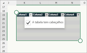 Tabela com a caixa de verificação A minha tabela tem cabeçalhos selecionada