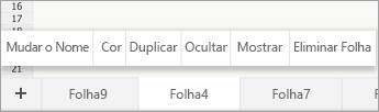 Separador de folha selecionado a mostrar o comando Mudar o Nome