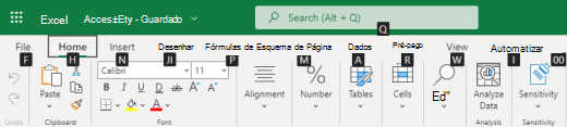 Sugestões de teclas de separador de friso no Excel para a Web.
