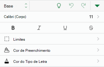 Opções de formatação de tipos de letra no Excel para iOS