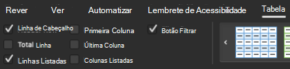 Caixa de verificação Linha de Cabeçalho selecionada no grupo Estilos de Tabela no Excel para Mac