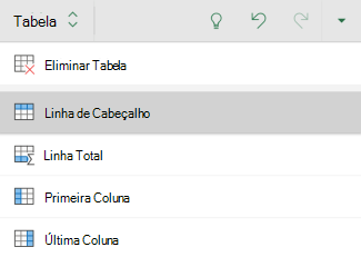 Opção linha de cabeçalho selecionada para uma tabela no Excel para Android