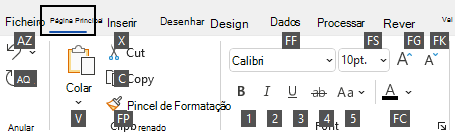 Sugestões de Teclas de Atalho apresentadas no friso do Visio no Windows.