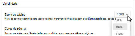 Captura de ecrã pendente níveis de zoom de página.