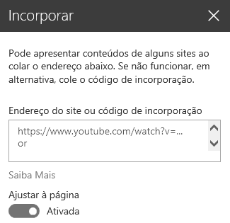 Captura de ecrã da caixa de diálogo Incorporar código no SharePoint.