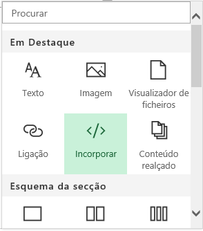 Captura de ecrã do menu de conteúdos Incorporar no SharePoint.