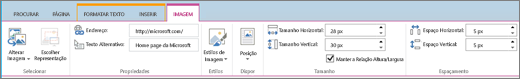 Captura de ecrã de uma secção do friso do SharePoint Online com o separador Imagem selecionado e as seleções disponíveis nos grupos Selecionar, Propriedades, Estilos, Dispor, Tamanho e Espaçamento.