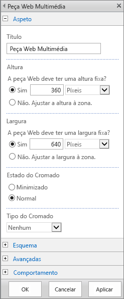 Captura de ecrã da caixa de diálogo Peça Web Multimédia no SharePoint Online para especificar as definições relacionadas com o Aspeto, Esquema, Avançadas e Comportamento de ficheiros de multimédia. As opções de Aspeto são apresentadas, incluindo o título, a altura, a largura e o tipo e estado do cromado.