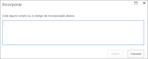 Captura de ecrã da caixa de diálogo Incorporar no SharePoint Online para colar scripts ou incorporar código para ficheiros de vídeo ou áudio e, em seguida, inserir o código.