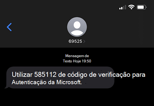Captura de ecrã a mostrar uma mensagem sms da Microsoft numerada 69525