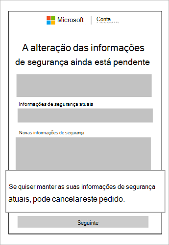 Captura de ecrã da janela de alteração de informações de segurança pendente