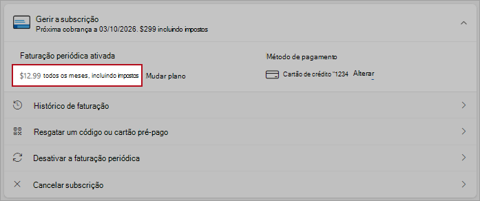 Captura de ecrã a mostrar os detalhes da opção mudar de plano nas opções de faturação periódica.