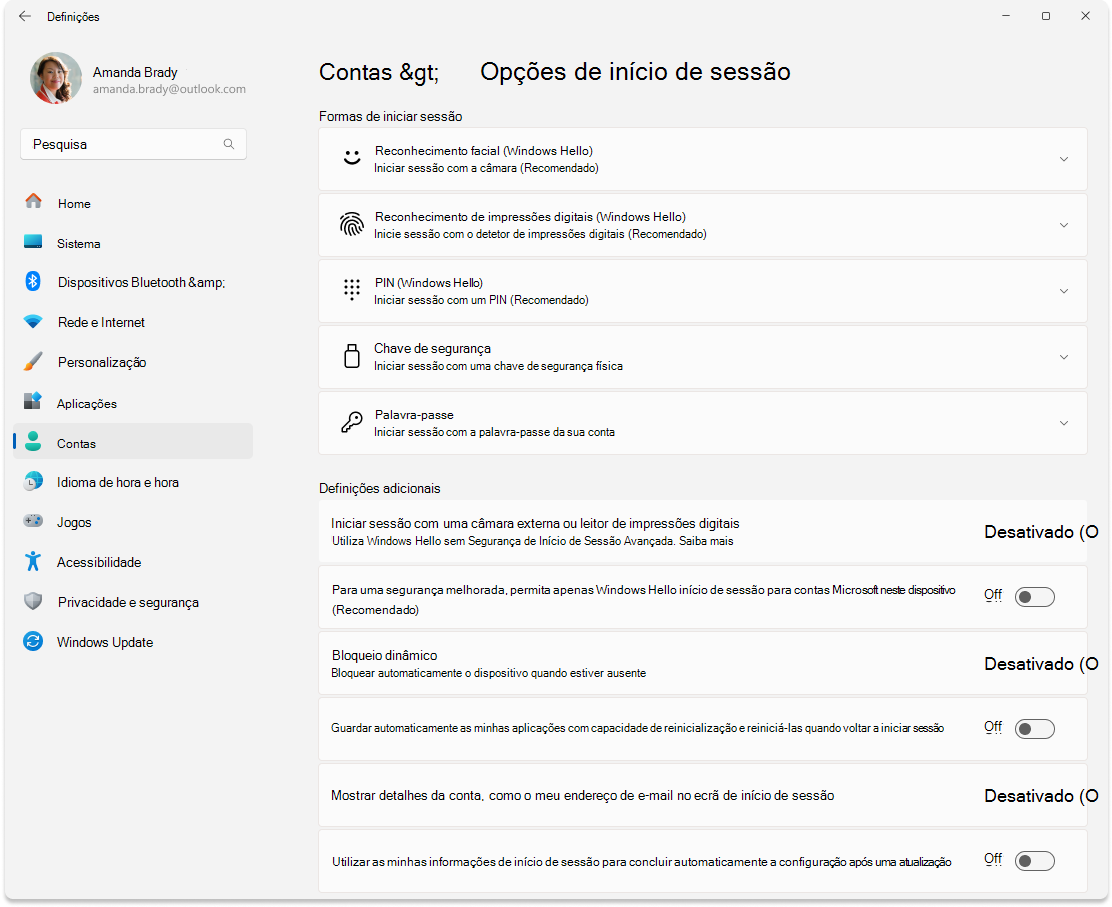 Captura de ecrã do ecrã Definições Opções > de início de sessão.