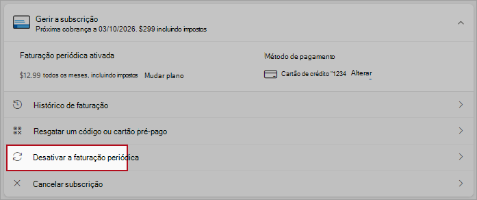 Captura de ecrã a realçar a localização do botão para desativar a faturação periódica.