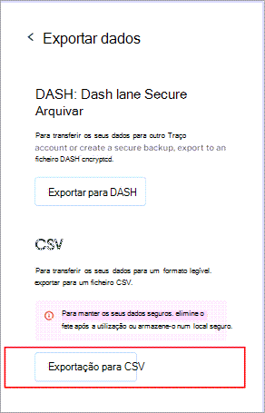 O menu exportar dados do Dashlane, com o botão Exportar para CSV junto à parte inferior realçado.