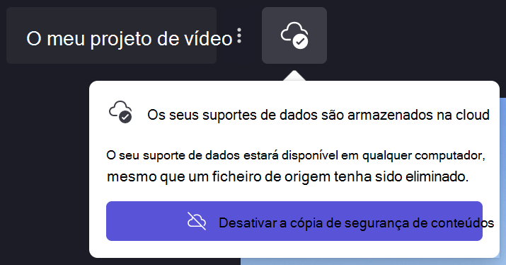 Imagem da caixa de diálogo Clipchamp cópia de segurança de conteúdos