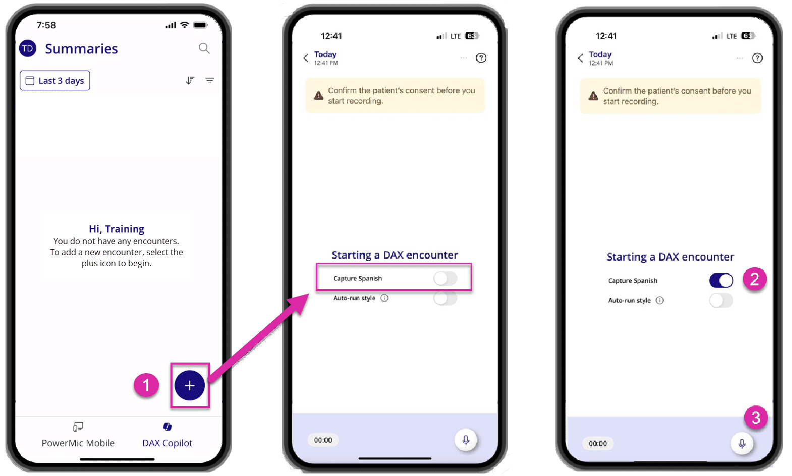 DAX Copilot mobile app with the (1) plus button highlighted, (2) the capture Spanish toggle set to ON, and (3) the microphone button highlighted.