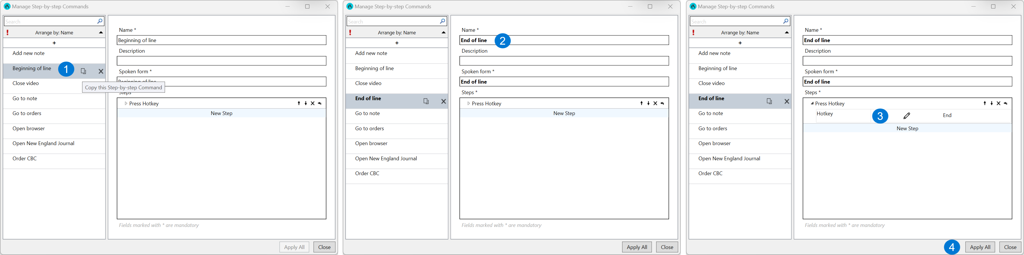 Example of steps to copy a Step-by-step command