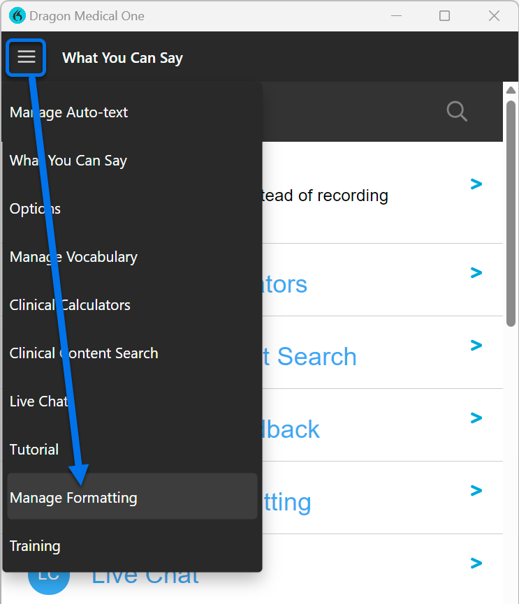 What You Can Say hamburger menu opened up to reveal options, including Manage Formatting
