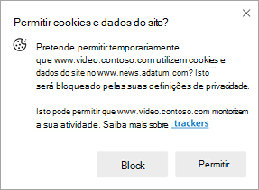 Captura de ecrã a mostrar a mensagem apresentada quando um site pede permissão para utilizar cookies e dados do site noutro site