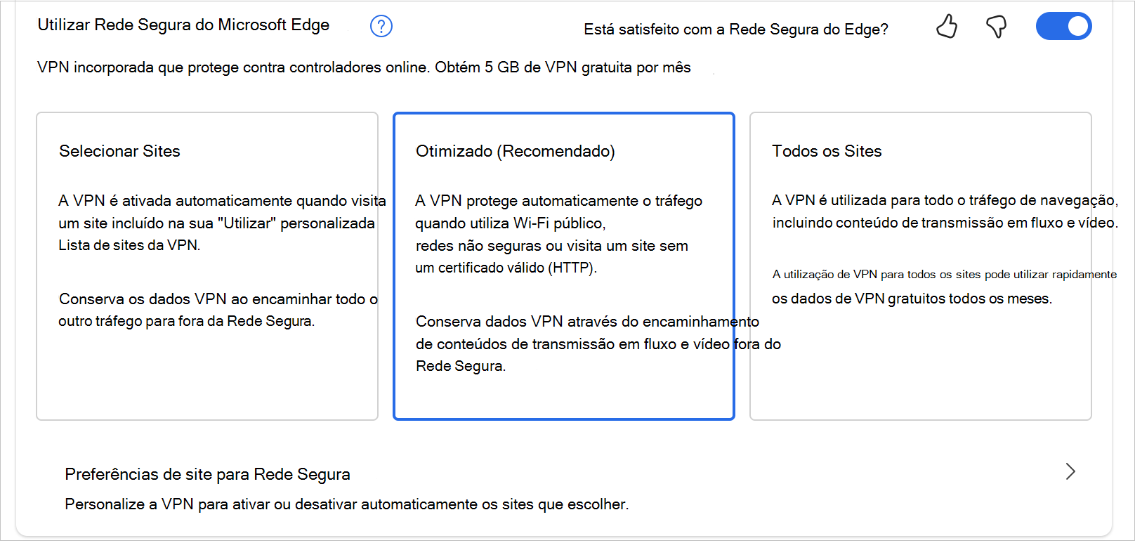 Captura de ecrã das opções em MicrosoftEdgeSecureNetwrok