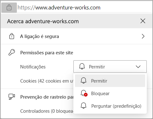 Imagem a mostrar as permissões de Notificações na barra de endereço do browser Edges.