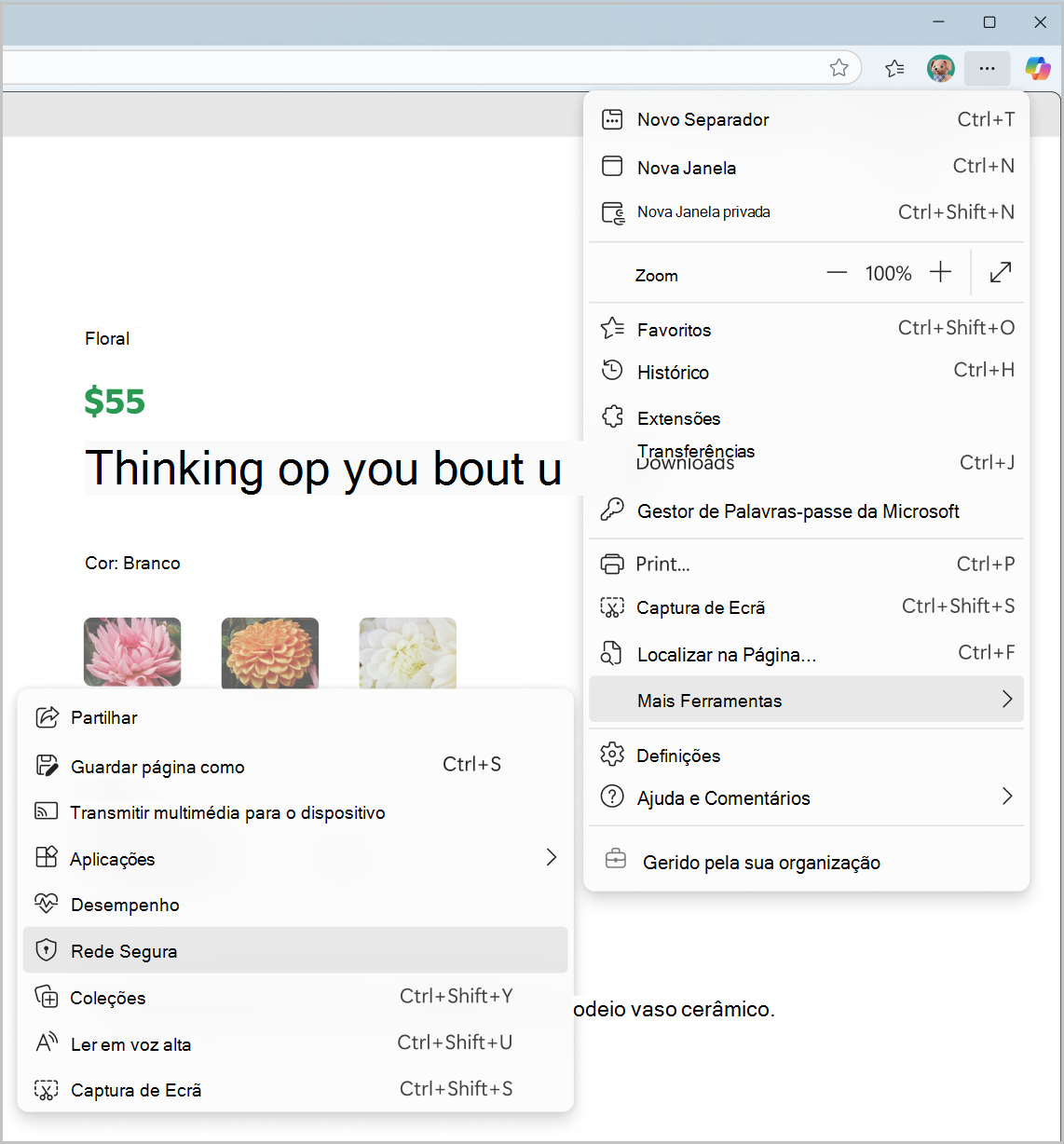 Captura de ecrã do menu Proteger Rede a partir de Definições e muito mais