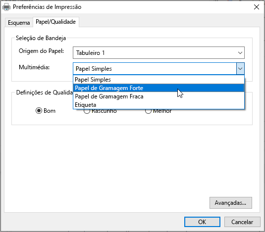 Preferências de caixa de diálogo de impressão do sistema Windows