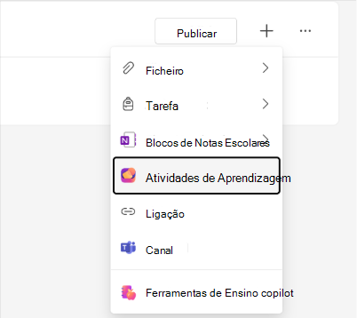 Captura de ecrã a mostrar a opção Atividades de Aprendizagem no menu Materiais da aula módulo.
