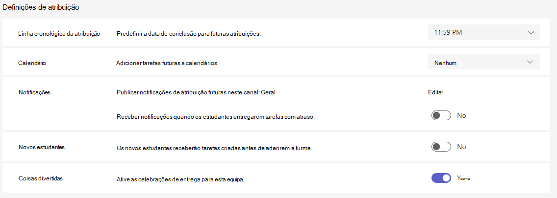 Captura de ecrã a mostrar as definições de atribuição.