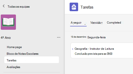 Captura de ecrã que mostra as tarefas