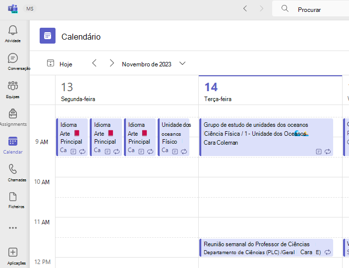Captura de ecrã do calendário.