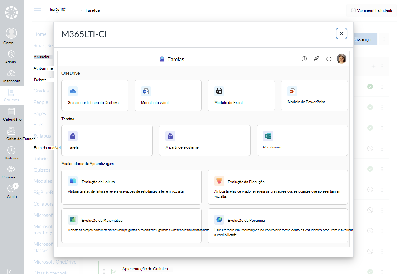 Escolher um microsoft education para criar para a sua tarefa ou módulo