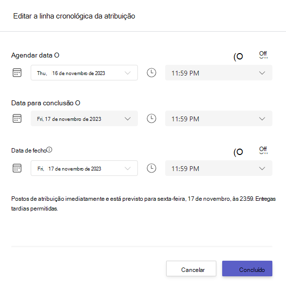 Captura de ecrã que mostra a linha cronológica de edição da atribuição