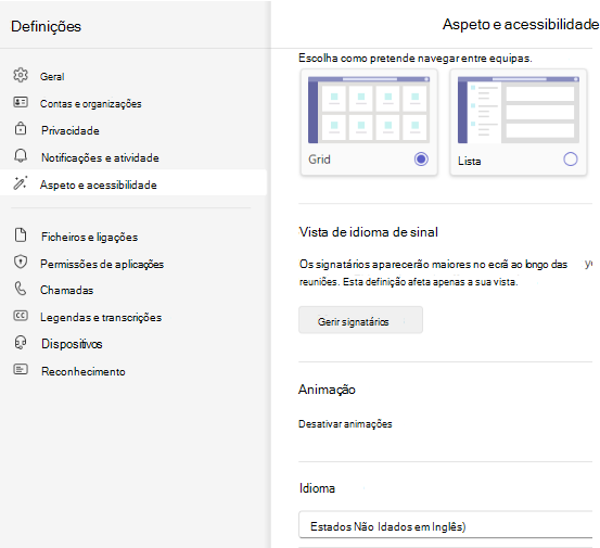 Captura de ecrã a mostrar a seleção de idioma.