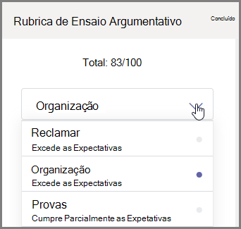 Selecione a secção da tarefa dos estudantes a classificar